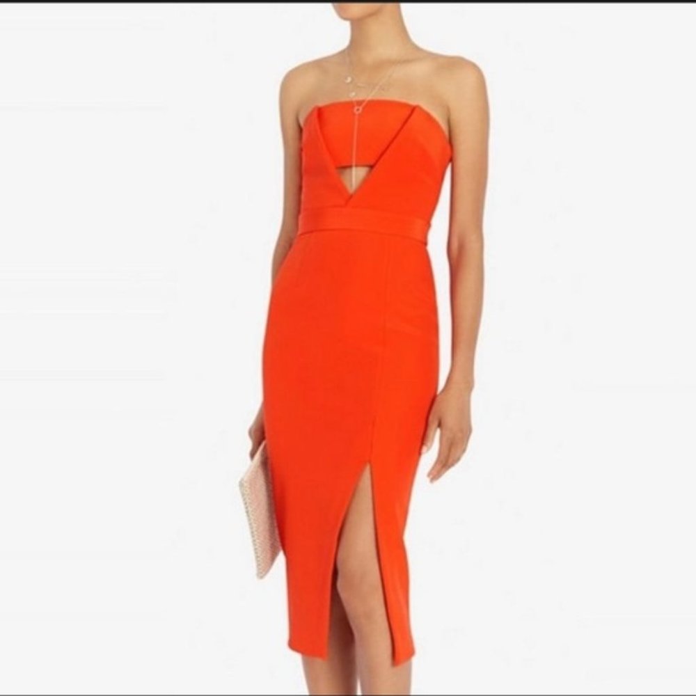Nicholas cocktail dress: silk, strapless, orange, with cutout (NWOT)